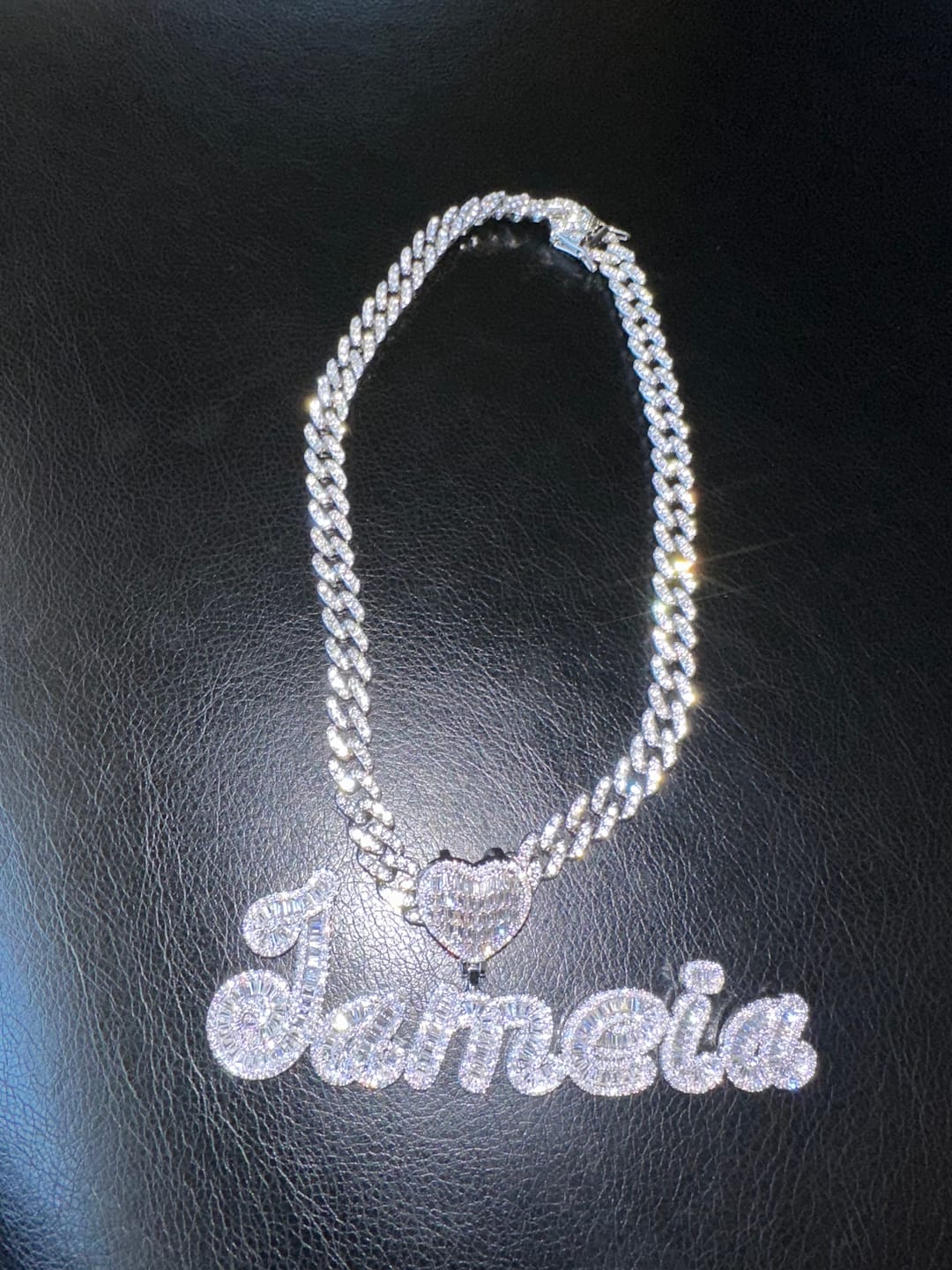 Customer photo review of LUXIIVA® CURSIVE FONT ICED OUT-BAGUETTE CUSTOM NAME PENDANT