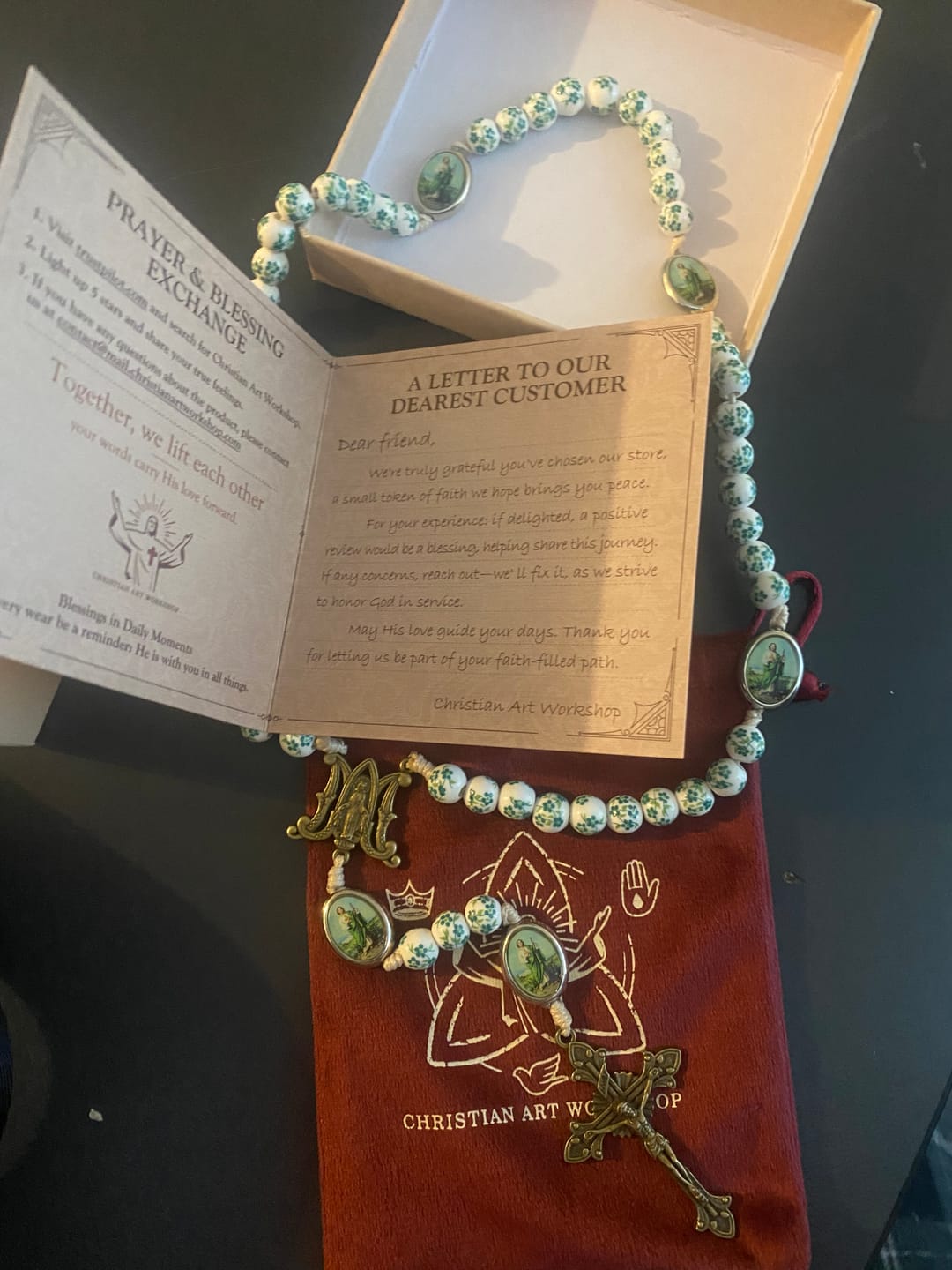 Customer photo review of FREE Today: Christianartworkshop Graceful Green Floral Beads Marian Rosary with St. Jude Charm