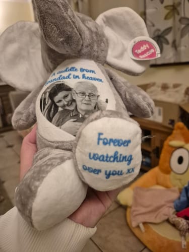 Customer photo review of A Cuddle from Heaven Personalised Photo Teddy Bear