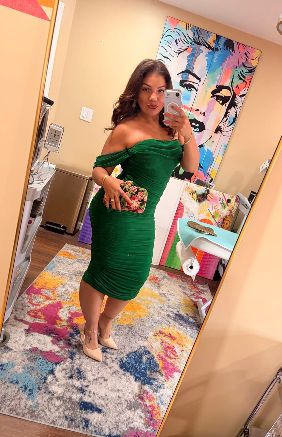 Customer photo review of Kat Mesh Off Shoulder Dress - Hunter Green