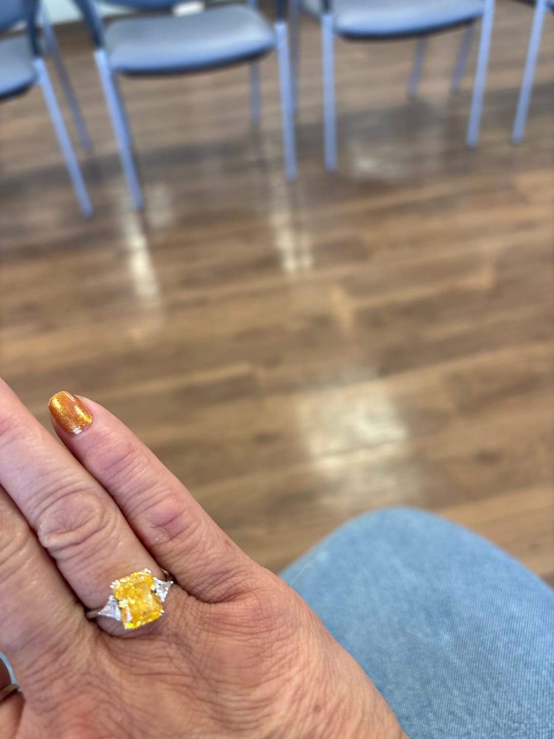 Customer photo review of S925 4.0Ct Radiant & Triangle Cut Yellow Stone Three Stone Engagement Ring In Sterling Silver