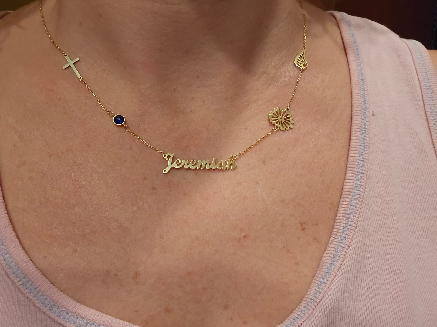 Customer photo review of Sideways Cross Birthstone Necklace