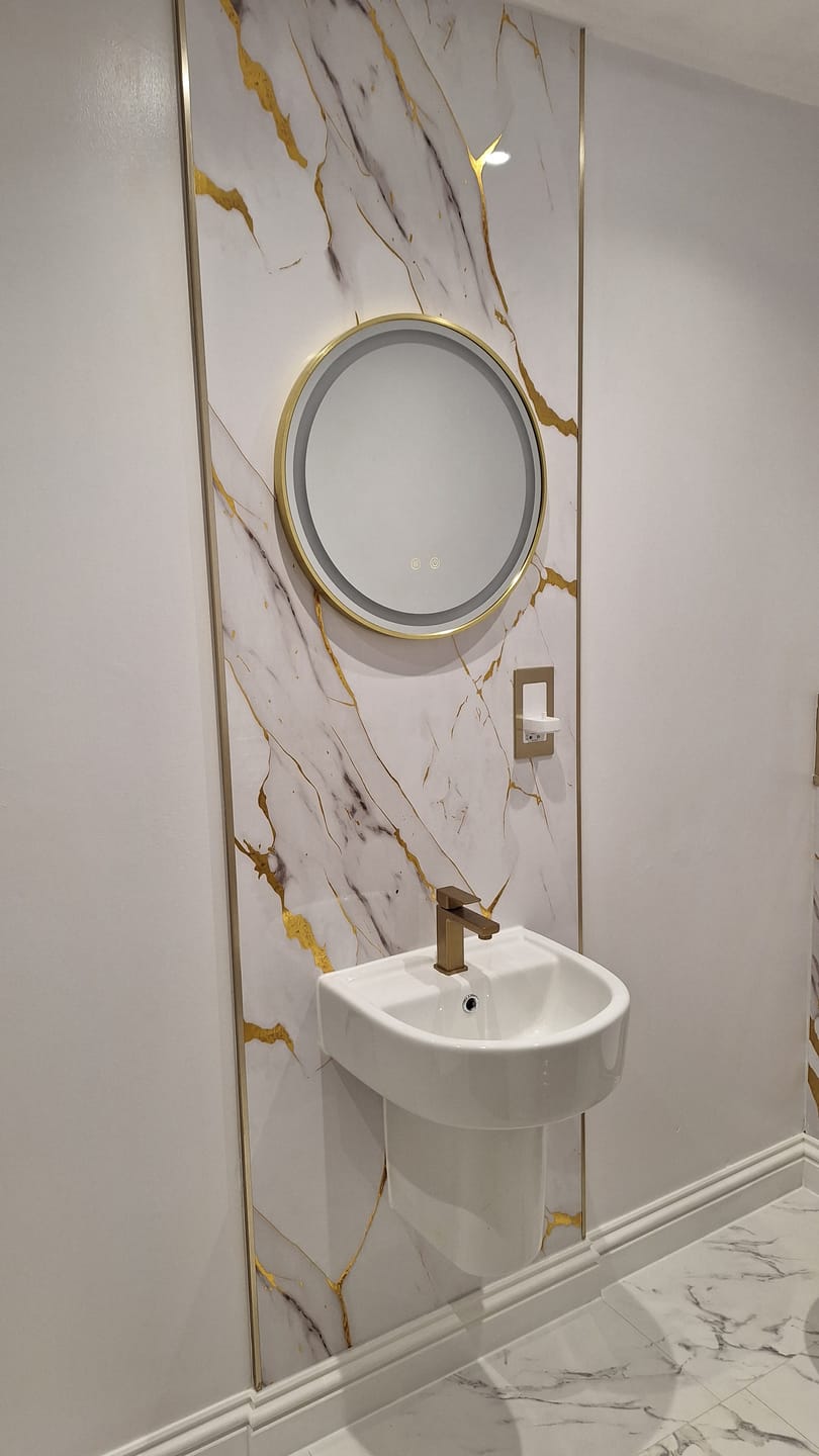 Customer photo review of Premium White Gold Marble Gloss Shower Wall Panel – 1M x 2.4M