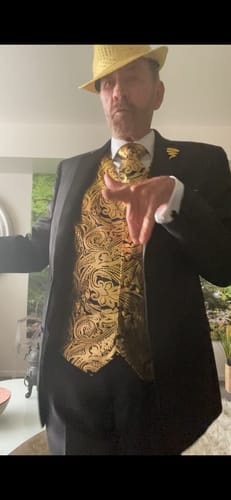Customer photo review of Barry. Wang Men's Golden Paisley Silk Vest Necktie Pocket Square Cufflinks Set