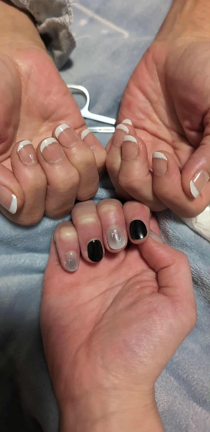 Customer photo review of White French Tip Glitter DIY Semicured Gel Nail Sticker Kit