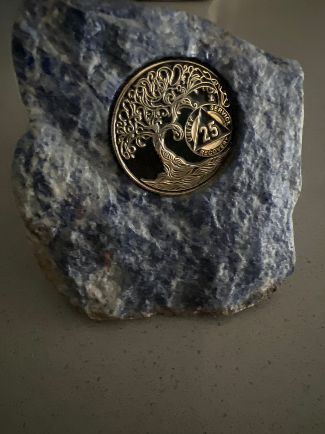 Customer photo review of 25 Year Sobriety Mint Twisted Tree of Life Gold Plated AA Recovery Medallion - Twenty-Five Year Chip/Coin - Black