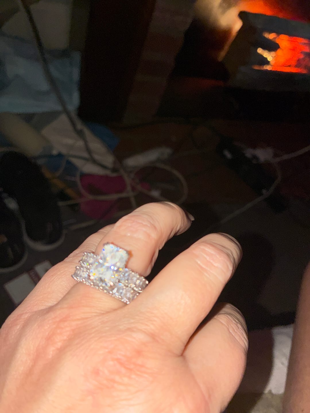 Customer photo review of Glistening-hued Radiant Cut 5.0ct Pave 925 Sterling Silver Wedding Ring Set