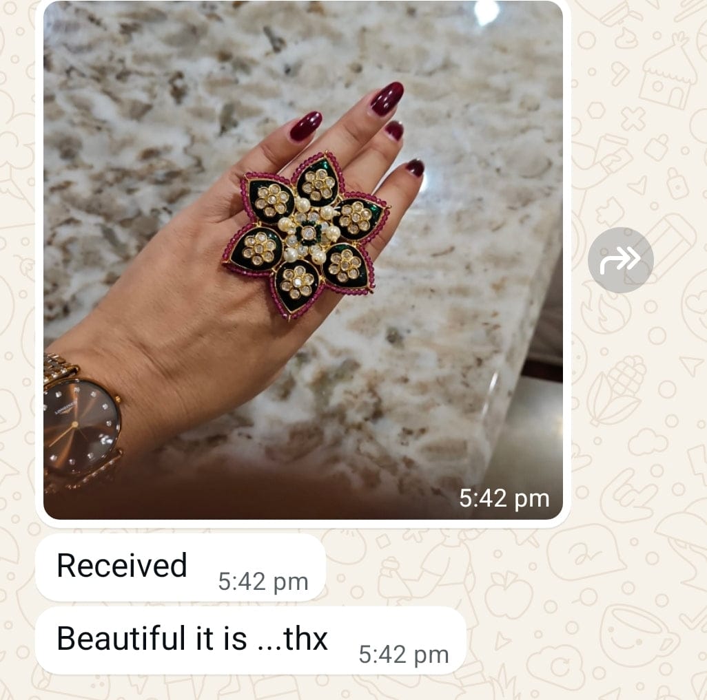 Customer photo review of Green enamel flower shape adjustable kundan ring with ruby bead pirohi
