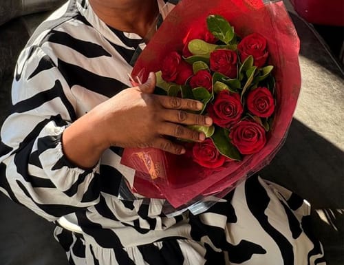 Customer photo review of Red Rose Greenery Bouquet