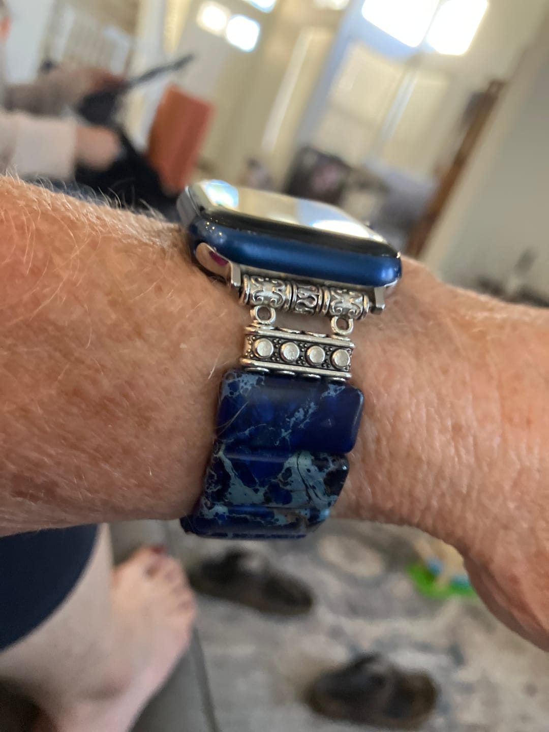 Customer photo review of Dark Navy Tibetan Jasper Stretch Apple Watch Strap