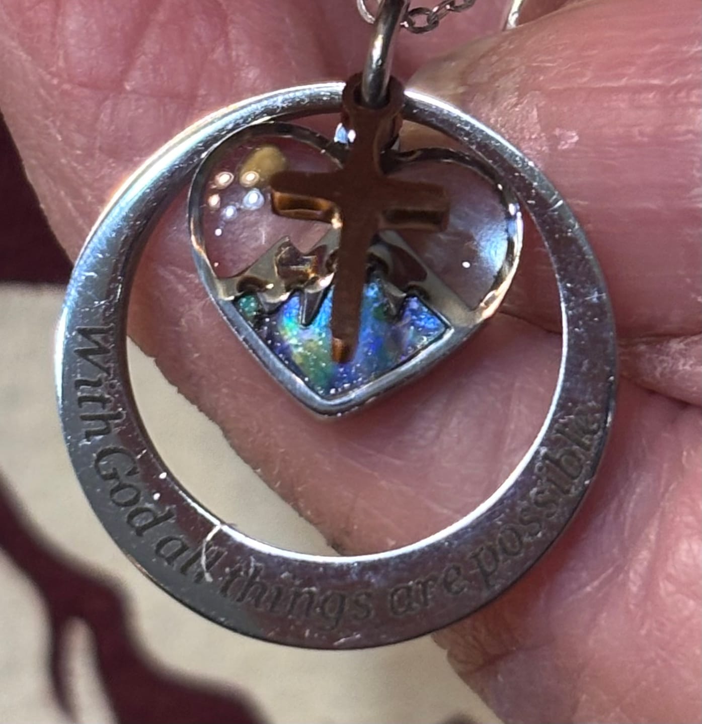 Customer photo review of FREE Today: With God All Things Are Possible Heart Cross Mustard Seed Pendant Necklace