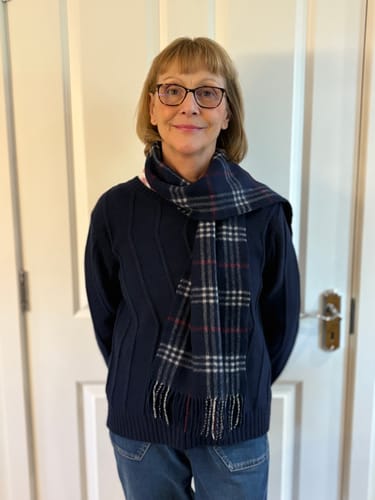 Customer photo review of Navy and White Checked Cashmere Woven Scarf