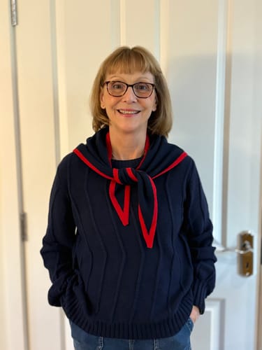 Customer photo review of Brand New Navy and Red Recycled Cashmere Triangle Scarf