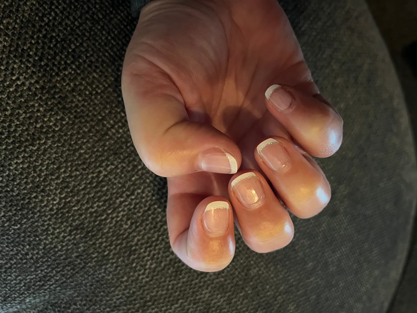 Customer photo review of White French Tip Glitter DIY Semicured Gel Nail Sticker Kit