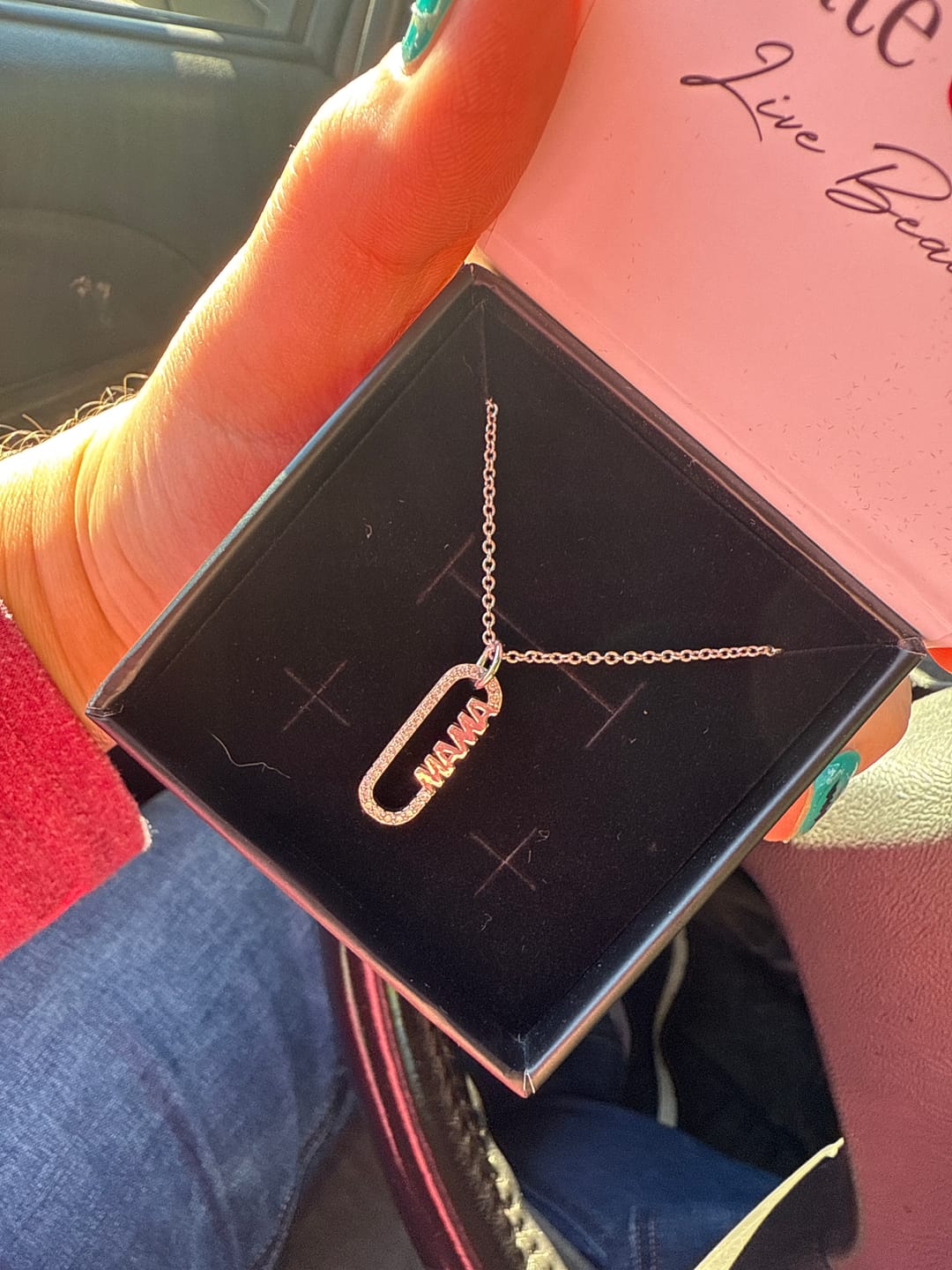 Customer photo review of Elaine 18k White Gold Plated Mama Pendant Necklace with Simulated Diamond Crystals