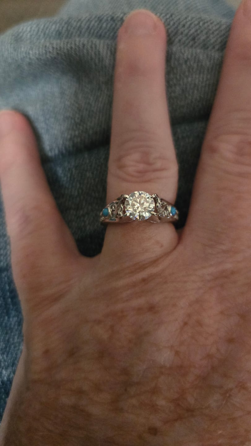 Customer photo review of Vintage Moissanite And Turquoise Wheat Accents  Engagement Ring