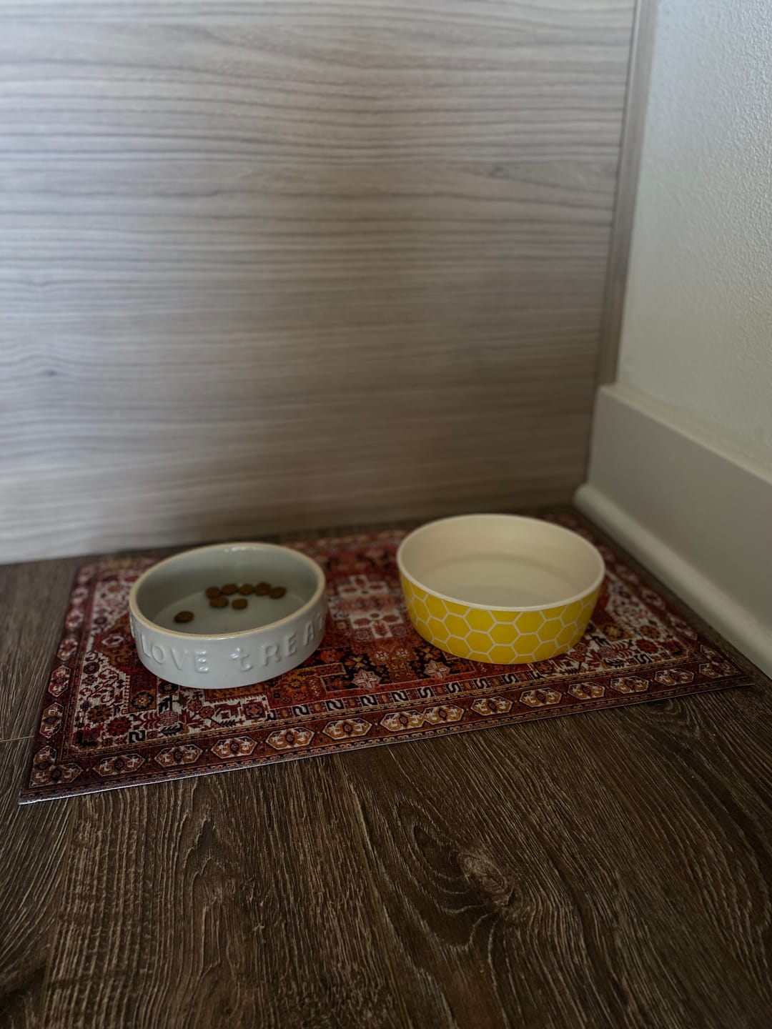 Customer photo review of Dog Bowl Mat, Nonslip, Machine Washable - Ophelia // Personalization: Not requested on this item.