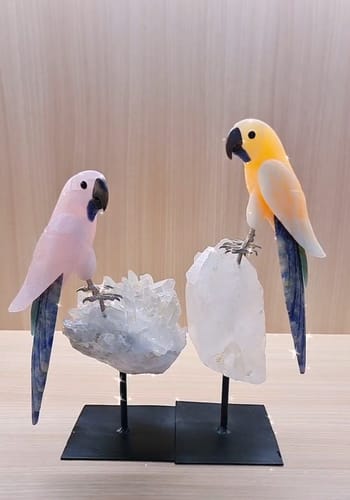 Customer photo review of Large Hand-Carved Orange Calcite Parrot 8.6" Long, Clear Quartz Cluster #3015-ORPCQ-001