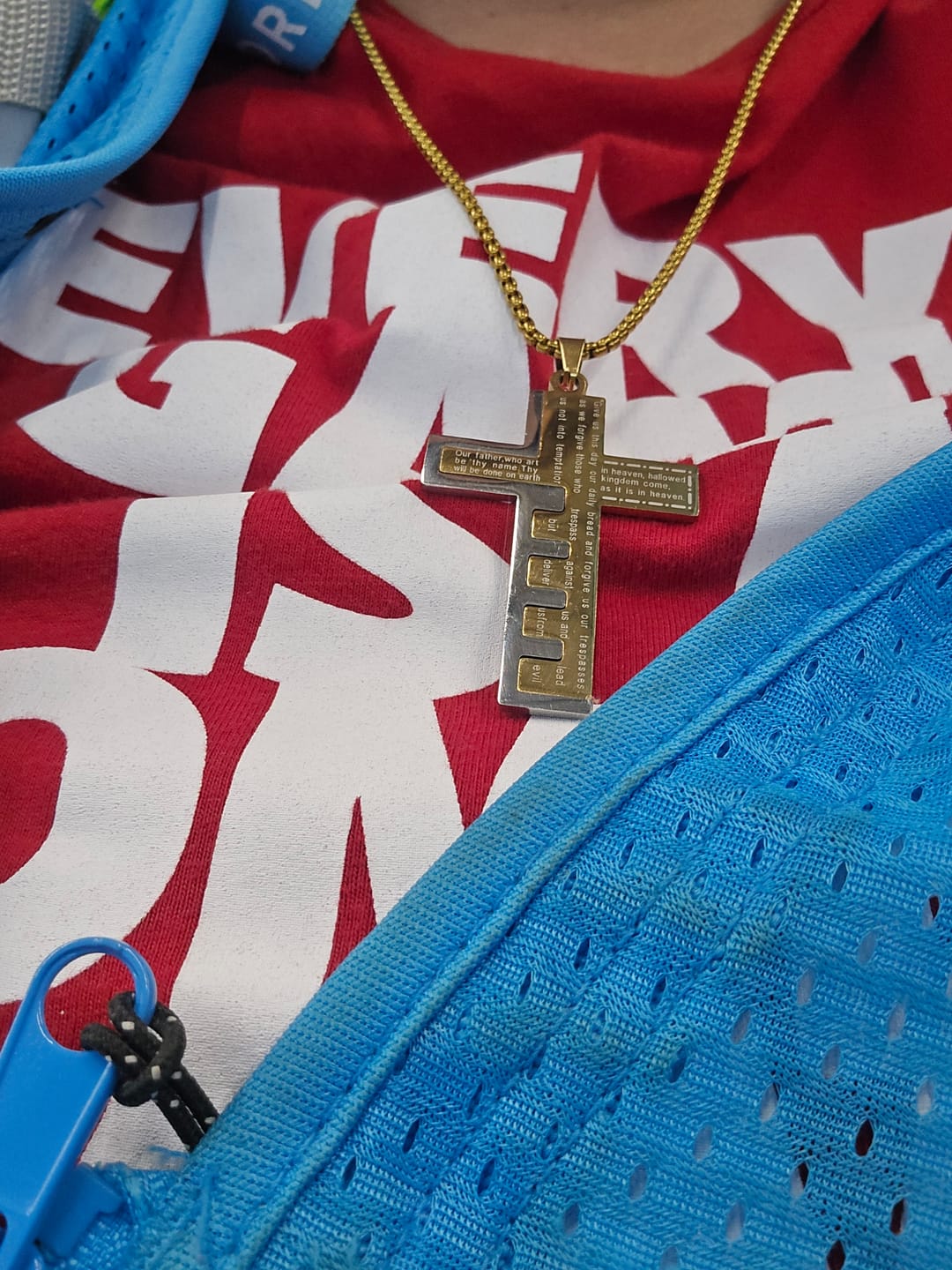 Customer photo review of FREE Today: Modern Tri-Color Lord's Prayer Cross Necklace: A Timeless Symbol of Holy