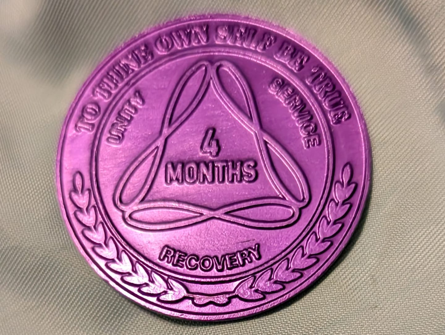 Customer photo review of Sobriety Mint Infinity Aluminum AA Meeting Newcomer Sobriety Chips/Coins/Tokens - 4 Months - Purple