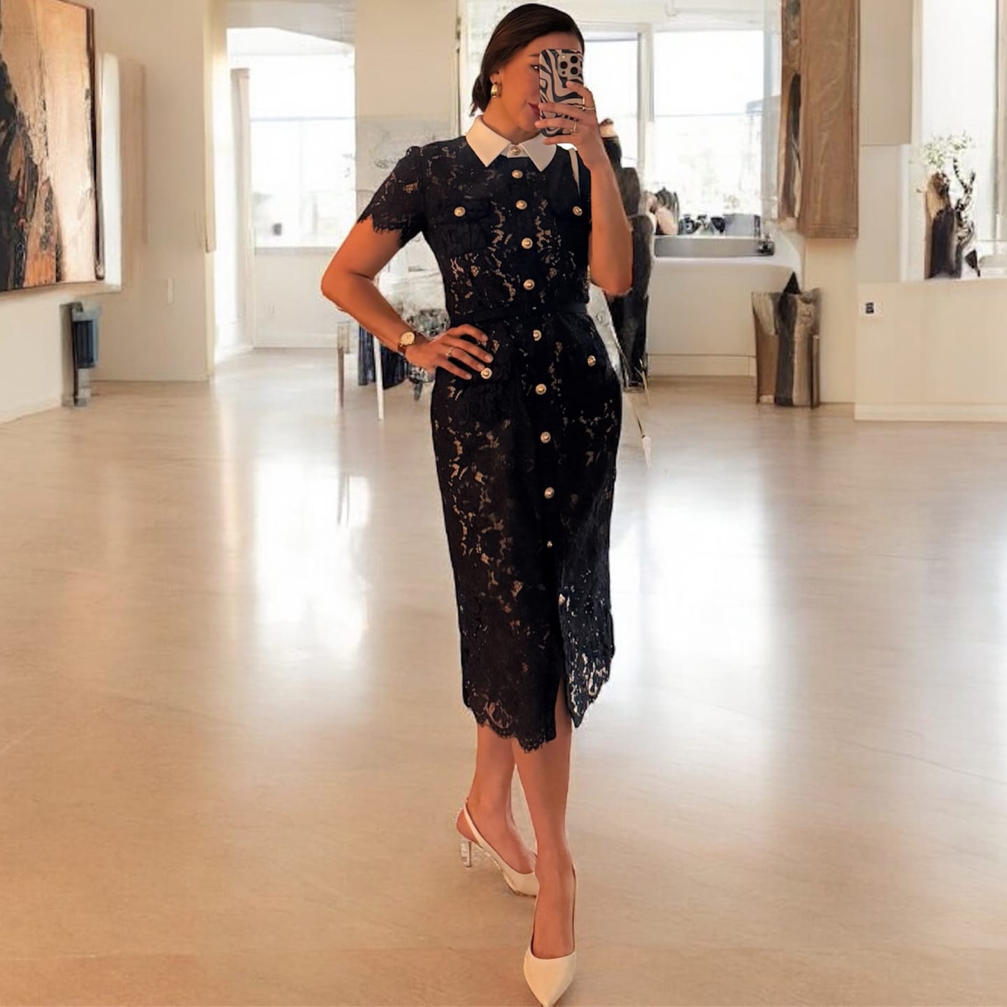Customer photo review of Floral Lace Midi Dress with Tailored Collar and Belted Waist - Navy