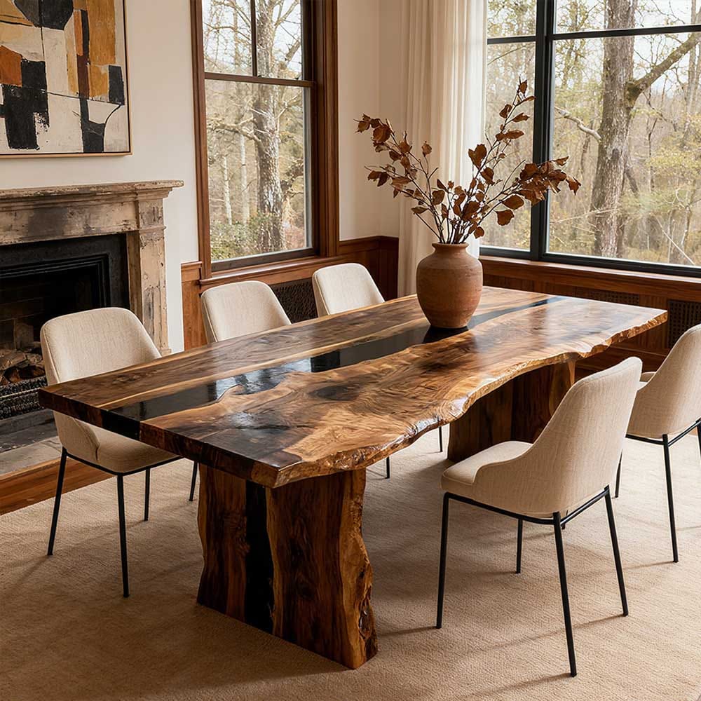 Customer photo review of Handcrafed Black Walnut Live Edge Epoxy River Dining Table - A53