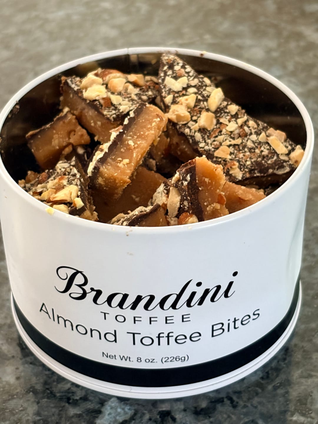 Customer photo review of 1/2 LB Tin Almond Toffee Bites