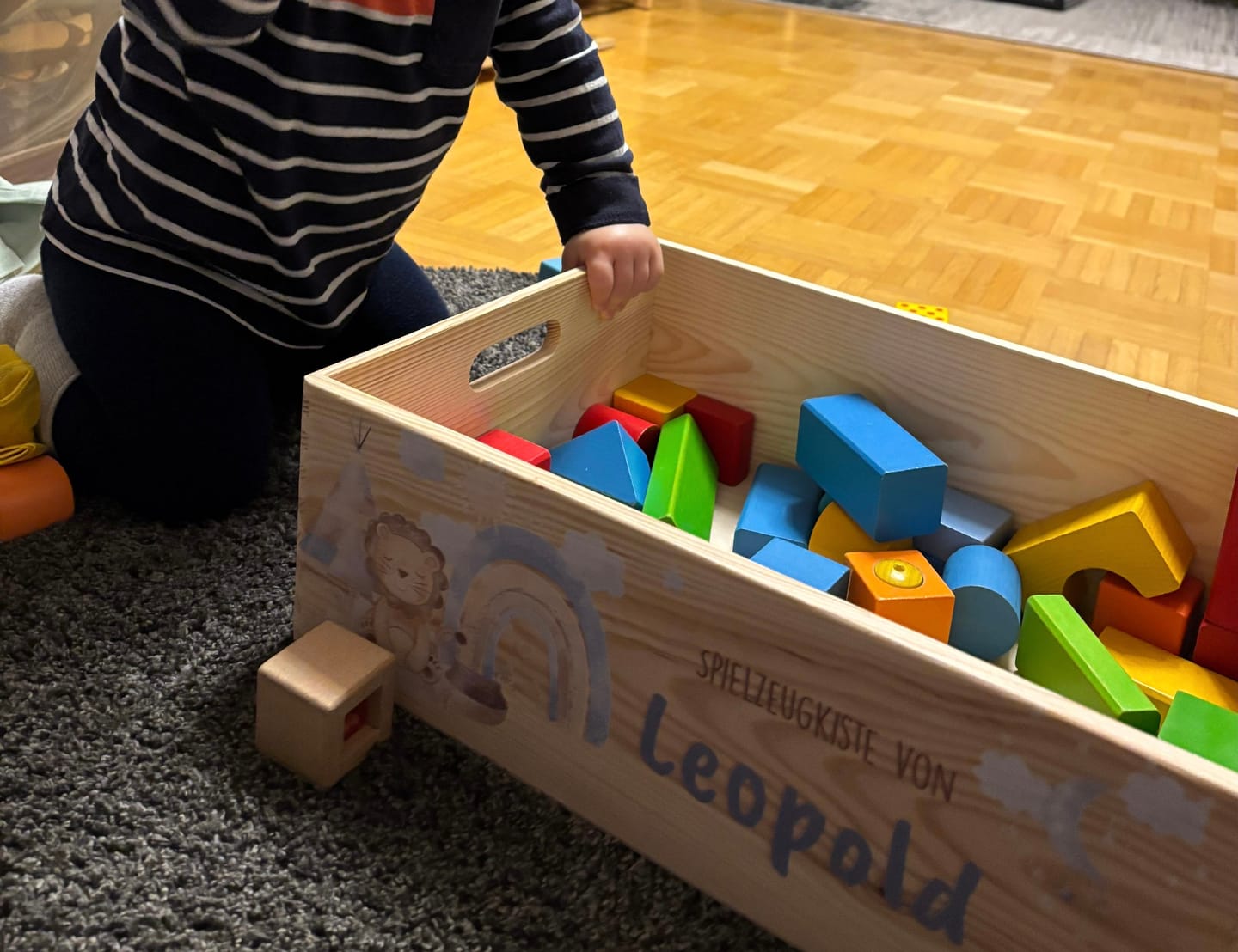 Customer photo review of Spielzeugkiste personalisiert mit Namen - Löwe mit Regenbogen