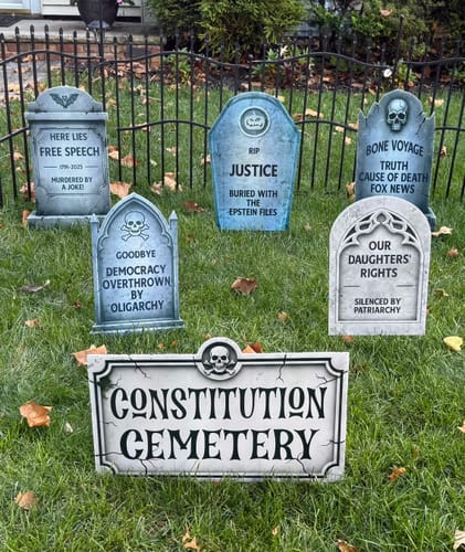 Customer photo review of Personalized Halloween Tombstone Yard Signs, Custom Graveyard Decorations with Stakes, Funny Haunted House Outdoor Spooky Lawn Décor