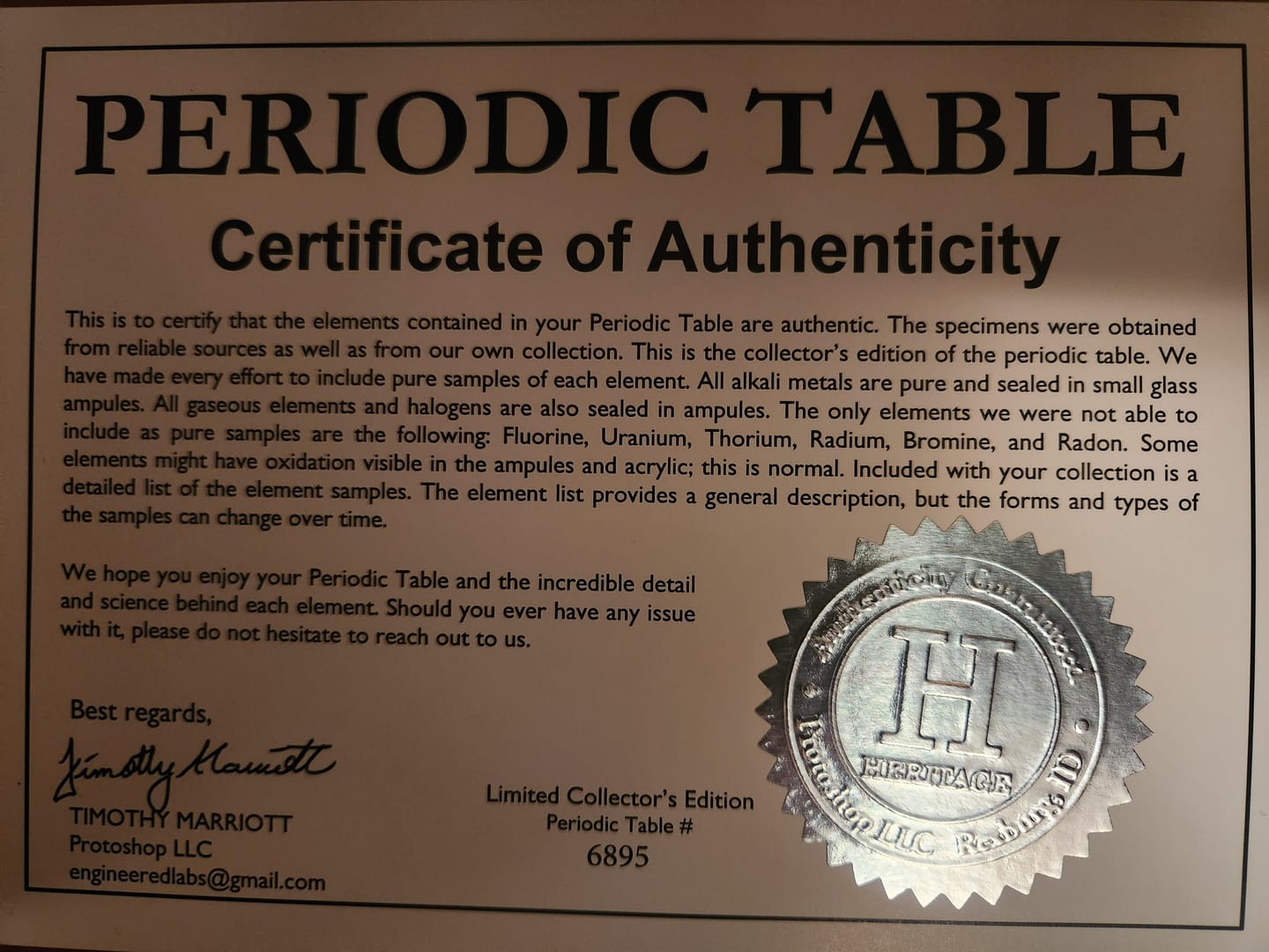Customer photo review of Heritage Periodic Table: Collector's Edition 85 Elements