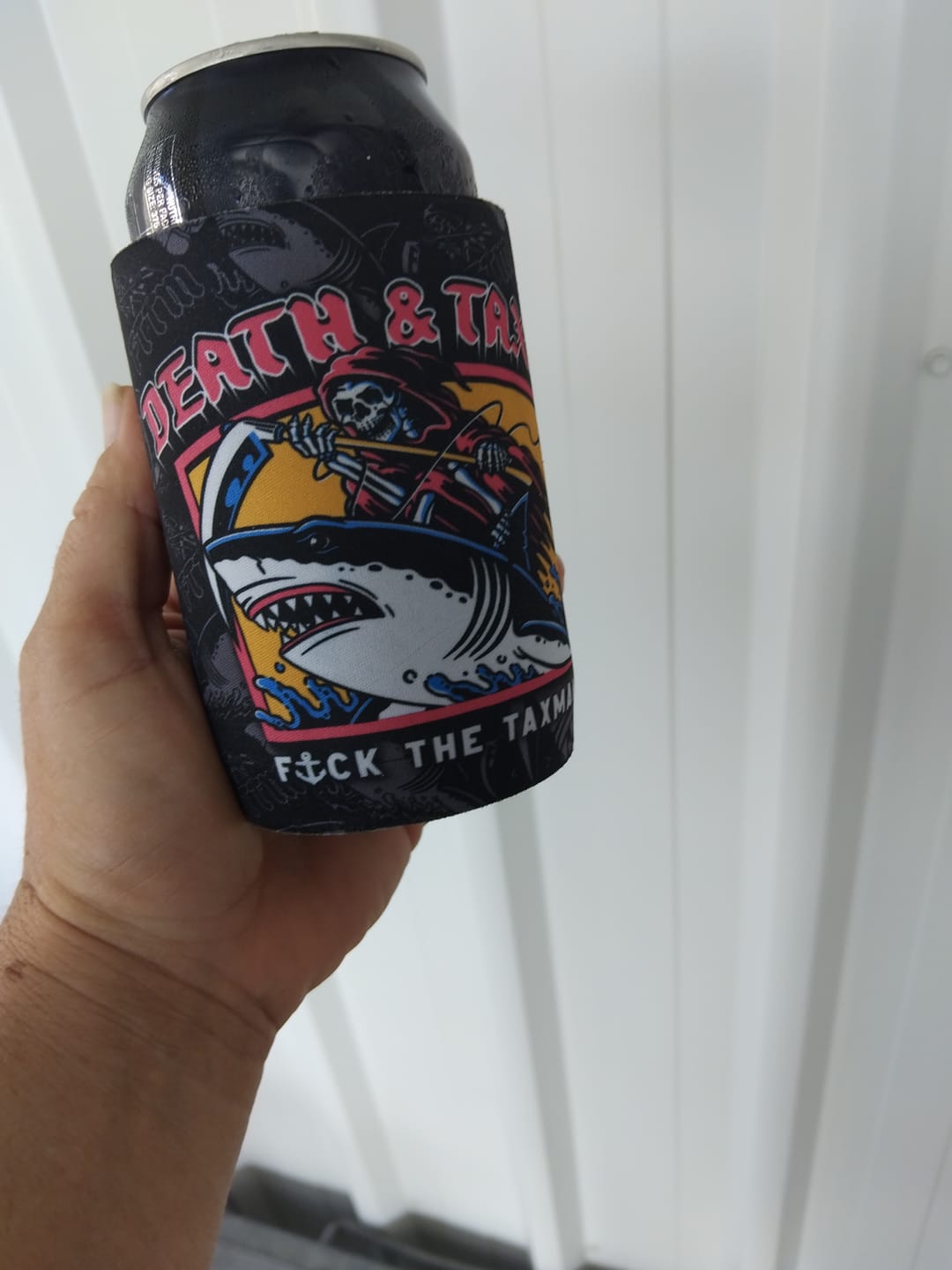 Customer photo review of Death & Taxes Stubby Cooler