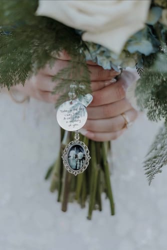 Customer photo review of Customizable Bridal Bouquet Charm - Oval Lace Photo Locket with Heart Engraved Pendant, Personalized Wedding Memorial Jewelry for Sentimental Brides