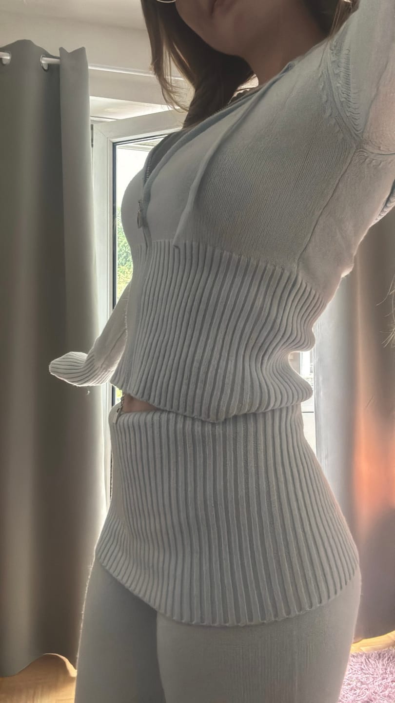 Customer photo review of That Girl Rib Knit Slim Fit Zip Up Cardigan (Baby Blue)