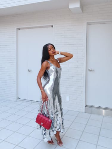 Customer photo review of Party Tips Sequin Irregular Round Tassels Hem Back Cutout Tank Maxi Dress