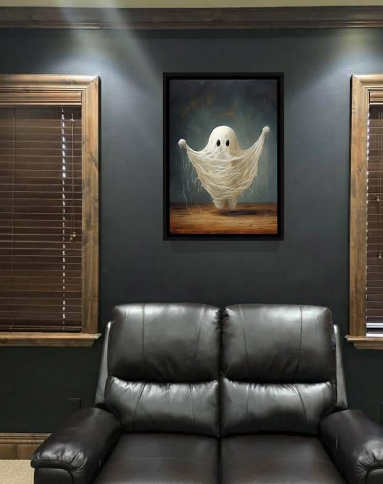 Customer photo review of Stringy Ghost Art Print Oil Painting Cute Ghost Spooky Halloween Decor Vintage, Framed Canvas Print Wall Art, Floating Frame