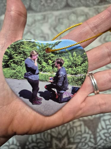 Customer photo review of Engagement Ornament - Custom Map & Photo Gift Heart-shaped Ceramic Ornament