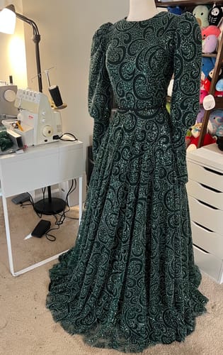 Customer photo review of Emerald Green Sequin Beaded Scroll Lace on Mesh
