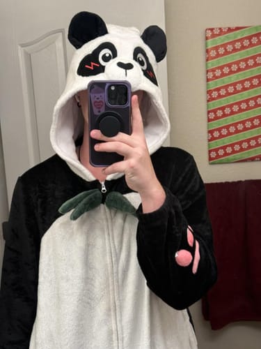 Customer photo review of OLAOLA Panda Animal Hoodie Pajamas With Pockets Unisex Adult Flannel Animals Onesie Sleepwear Halloween Cosplay Costume