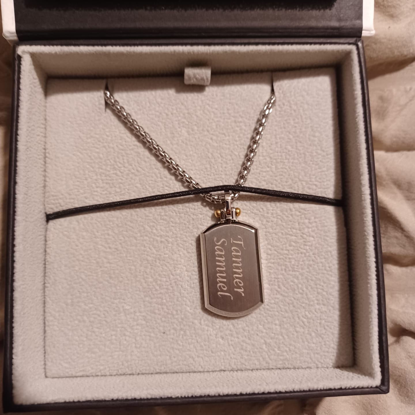 Customer photo review of Beveled Edge Two Tone Dog Tag