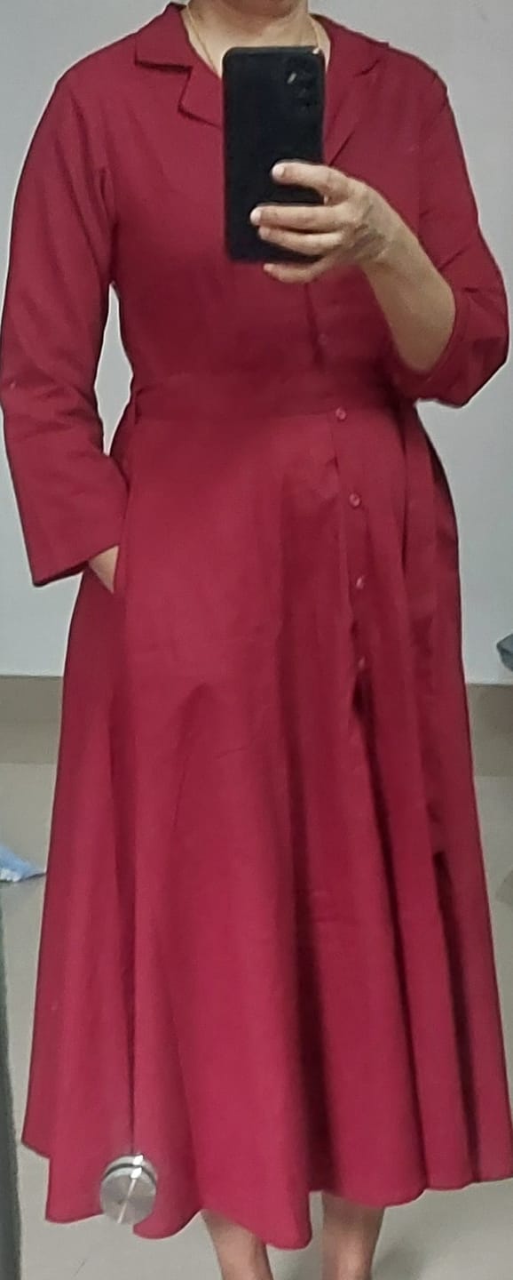 Customer photo review of Women Maroon Airy Linen Flared Dress