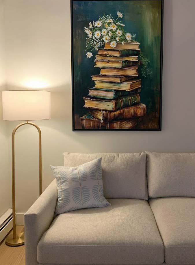 Customer photo review of Vintage Stack of Books Oil Painting Flowers Spring Decor Academia, Framed Canvas Print Wall Art, Floating Frame