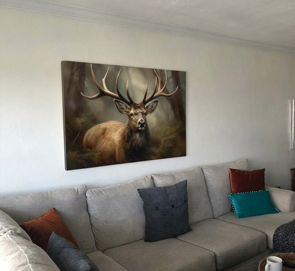 Customer photo review of Elk With Antlers In The Forest Portrait Painting Canvas Print, Deer Farmhouse, Canvas Print Wall Art, Wall Decor, Painting Canvas