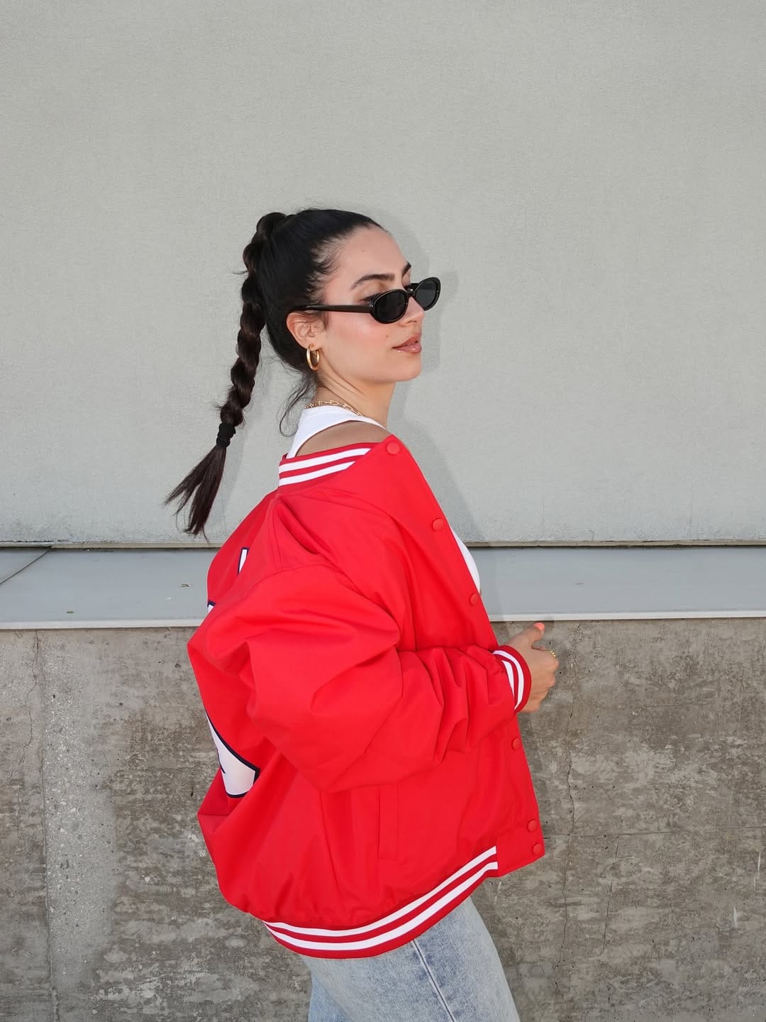 Customer photo review of Custom Navy Varsity Full-Snap Color Block Letterman Jacket