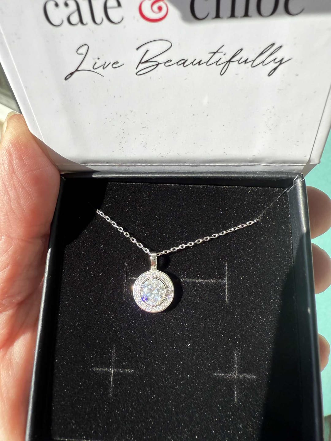 Customer photo review of Moissanite by Cate & Chloe Jordan 18k Gold Plated 925 Sterling Silver Necklace 0.95tcw