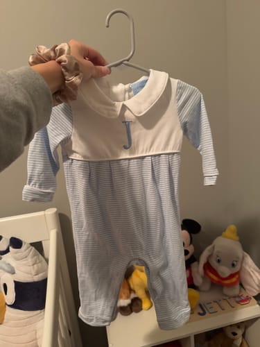 Customer photo review of Light Blue and White Stripe Romper