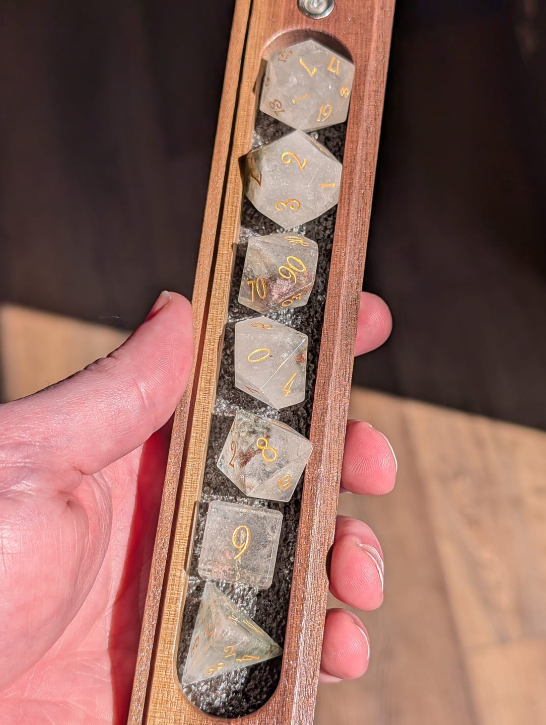 Customer photo review of URWizards D&D Phantom Quartz Gemstone Engraved Dice Set(Limited edition)