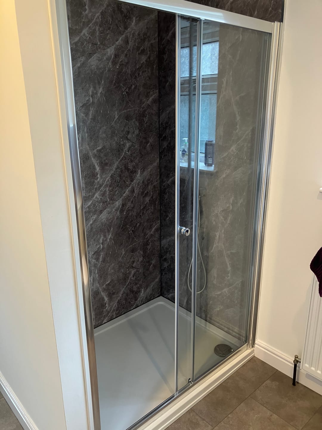 Customer photo review of 10mm Dark Grey Marble Matt Shower Panel 1M x 2.4M