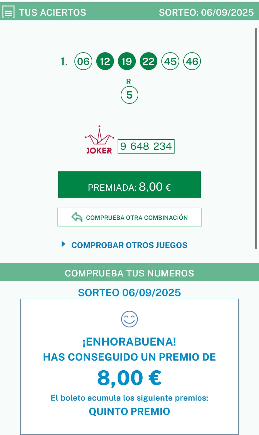 Customer photo review of Suscripción Bonoloto / Primitiva