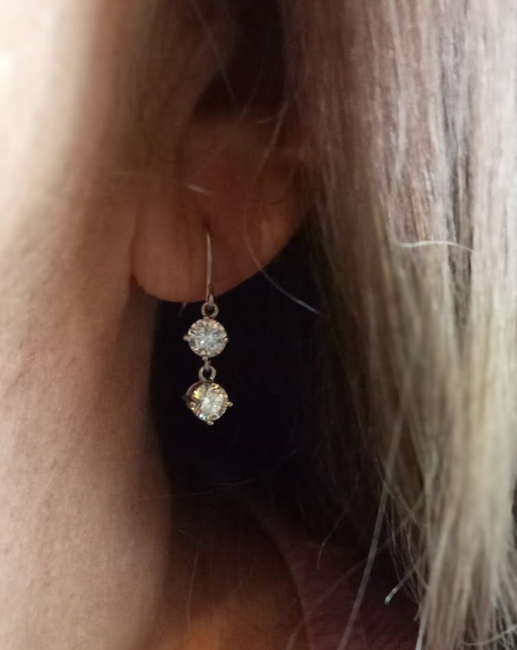 Customer photo review of Moissanite by Cate & Chloe Talia 18k Gold Plated 925 Sterling Silver Dangle Earrings 2.0tcw