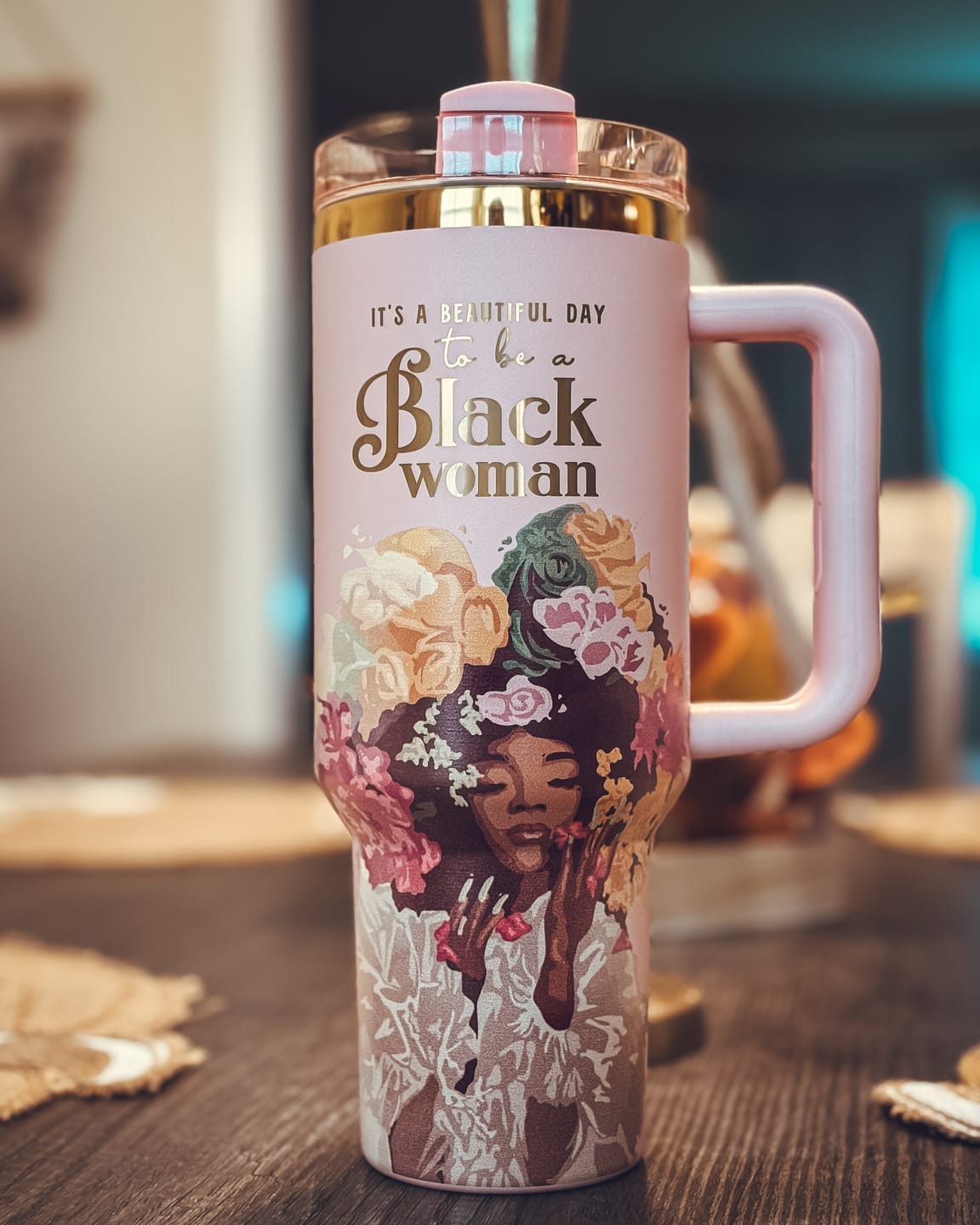 Customer photo review of Pink “Royalty Blossomed” 40oz Insulated Tumbler – "It’s a Beautiful Day to be a Black Woman"